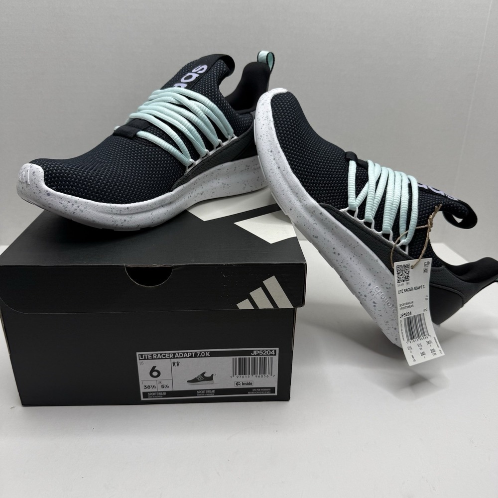 Adidas Lite Racer Adapt 7.0 K Kids US 6 Black Mint Slip On Sneakers JP5204 NEW